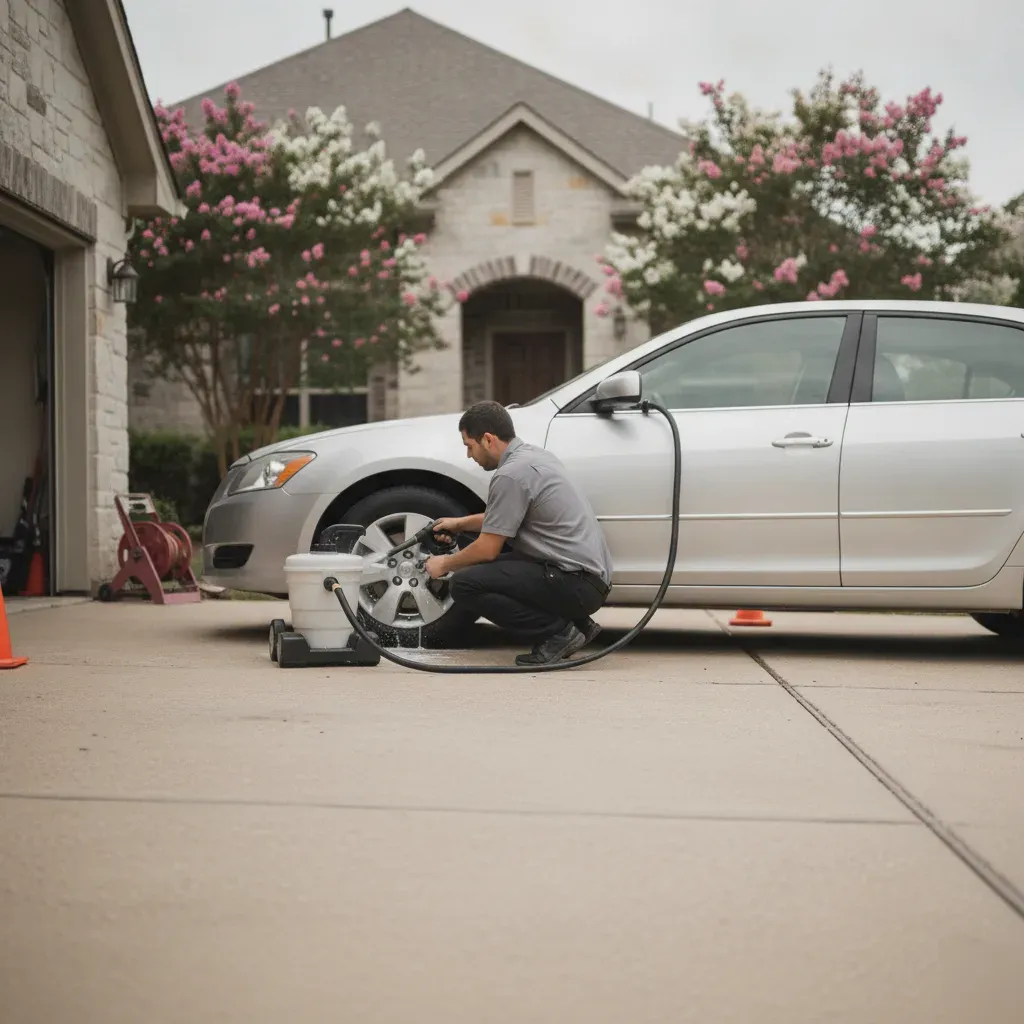 Mobile car detailing technician extracting carpet stains in Fort Worth driveway