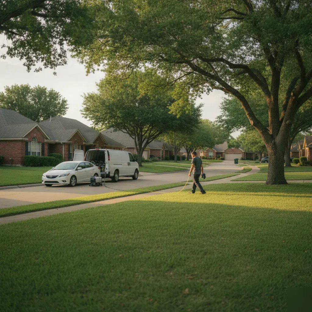 Mobile detailing van setting up equipment in Fort Worth neighborhood