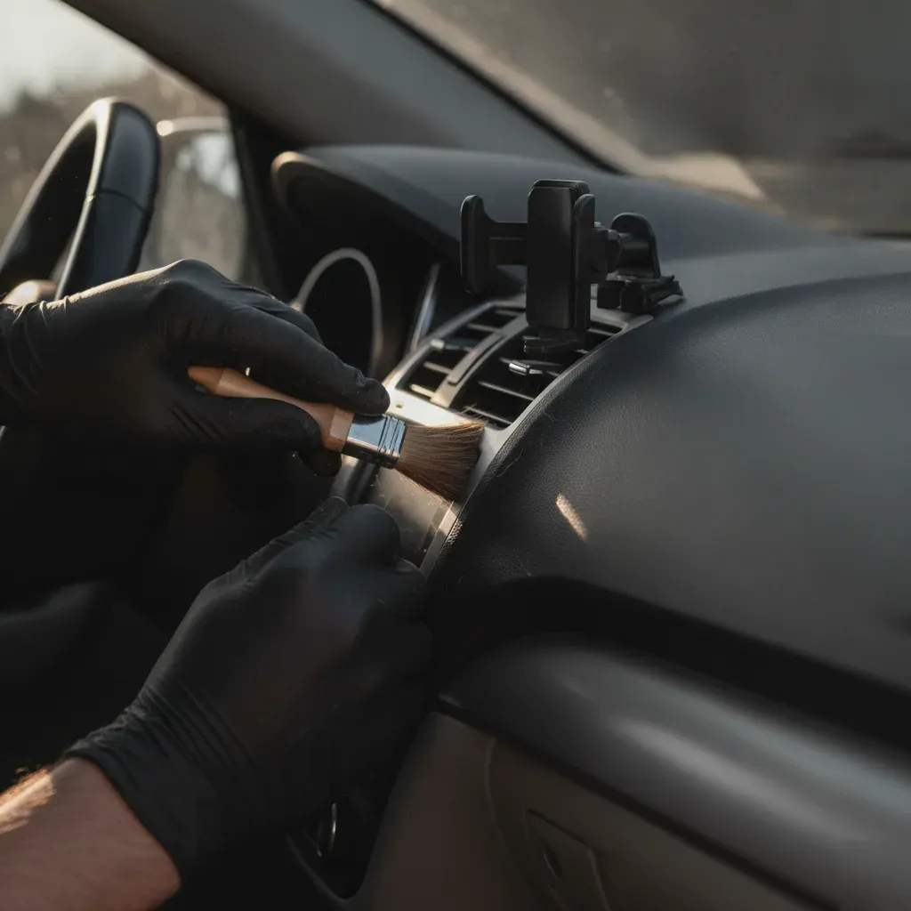 Detailer brushing dust from car dashboard vents in Fort Worth
