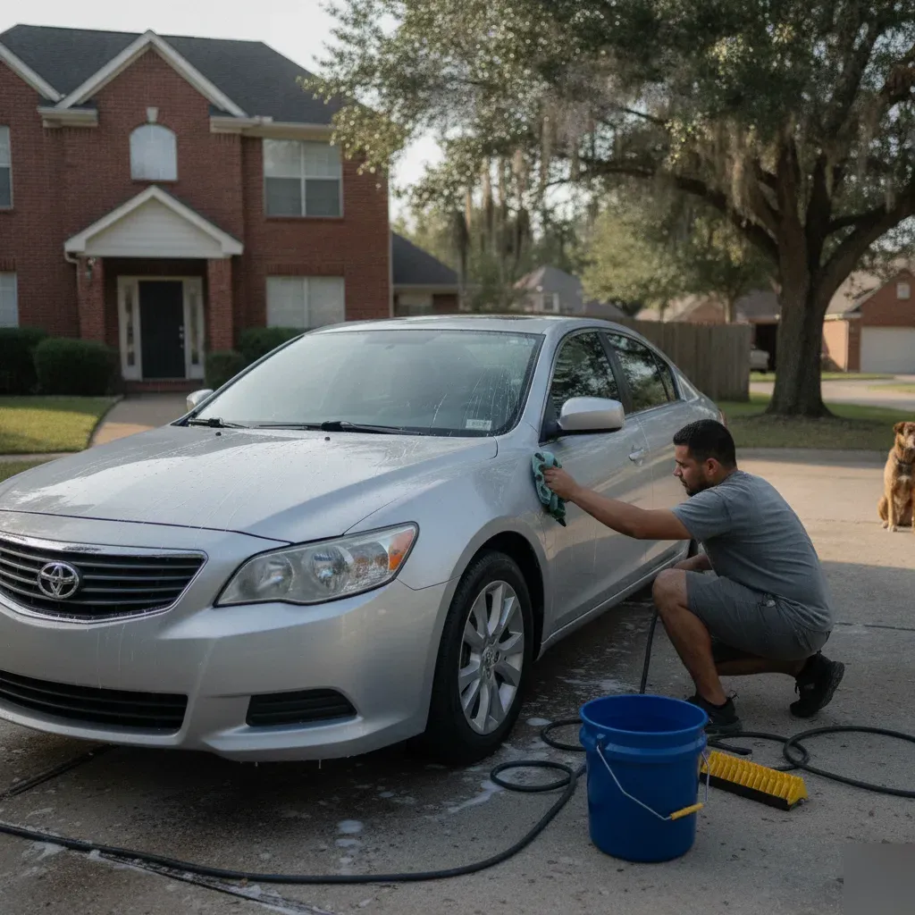 Mobile auto detailing technician washing sedan hood in Irving driveway