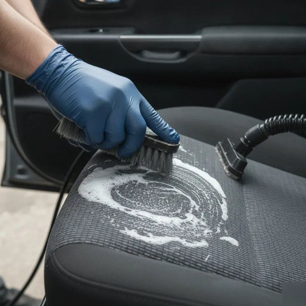 Hands shampooing car seat fabric during Irving auto detailing service