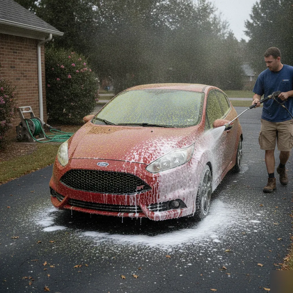 Pollen-coated hatchback receiving foam wash treatment in Irving driveway