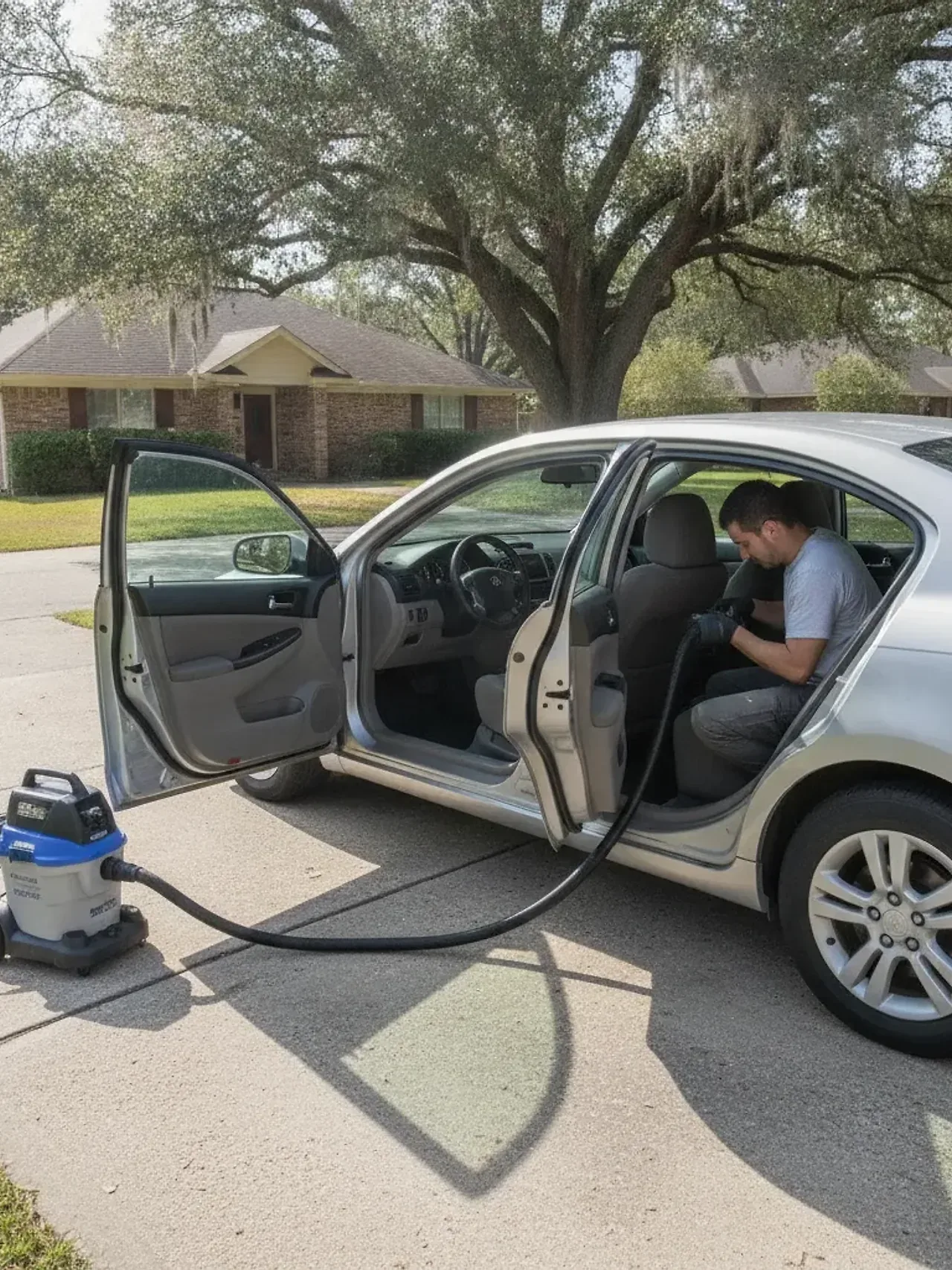 Detailer vacuuming car seats in Fort Worth driveway with commercial extraction hose