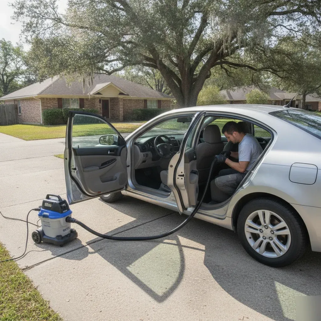 Detailer vacuuming car seats in Fort Worth driveway with commercial extraction hose