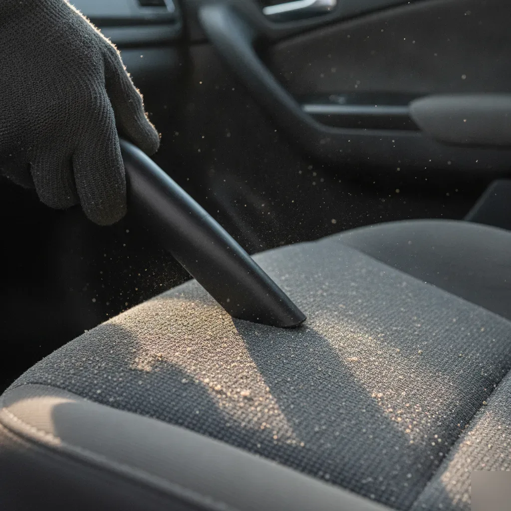 Close-up vacuum nozzle removing embedded sand from car seat seam Fort Worth
