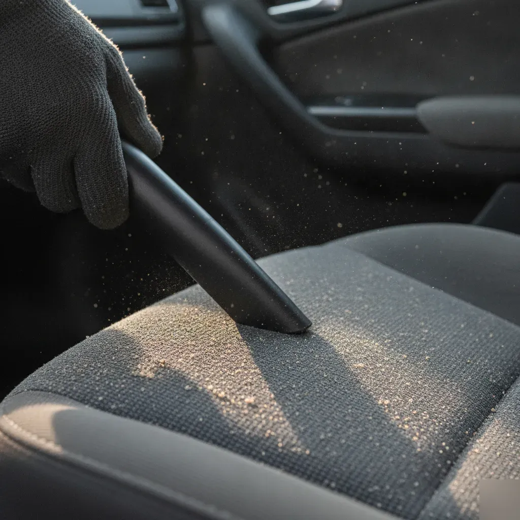 Close-up vacuum nozzle removing embedded sand from car seat seam Fort Worth