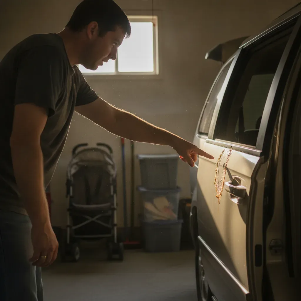 Parent inspecting juice stain on minivan seat before Fort Worth vacuuming service