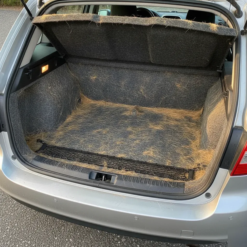 Dog hair embedded in car trunk carpet before deep pet hair vacuuming Fort Worth