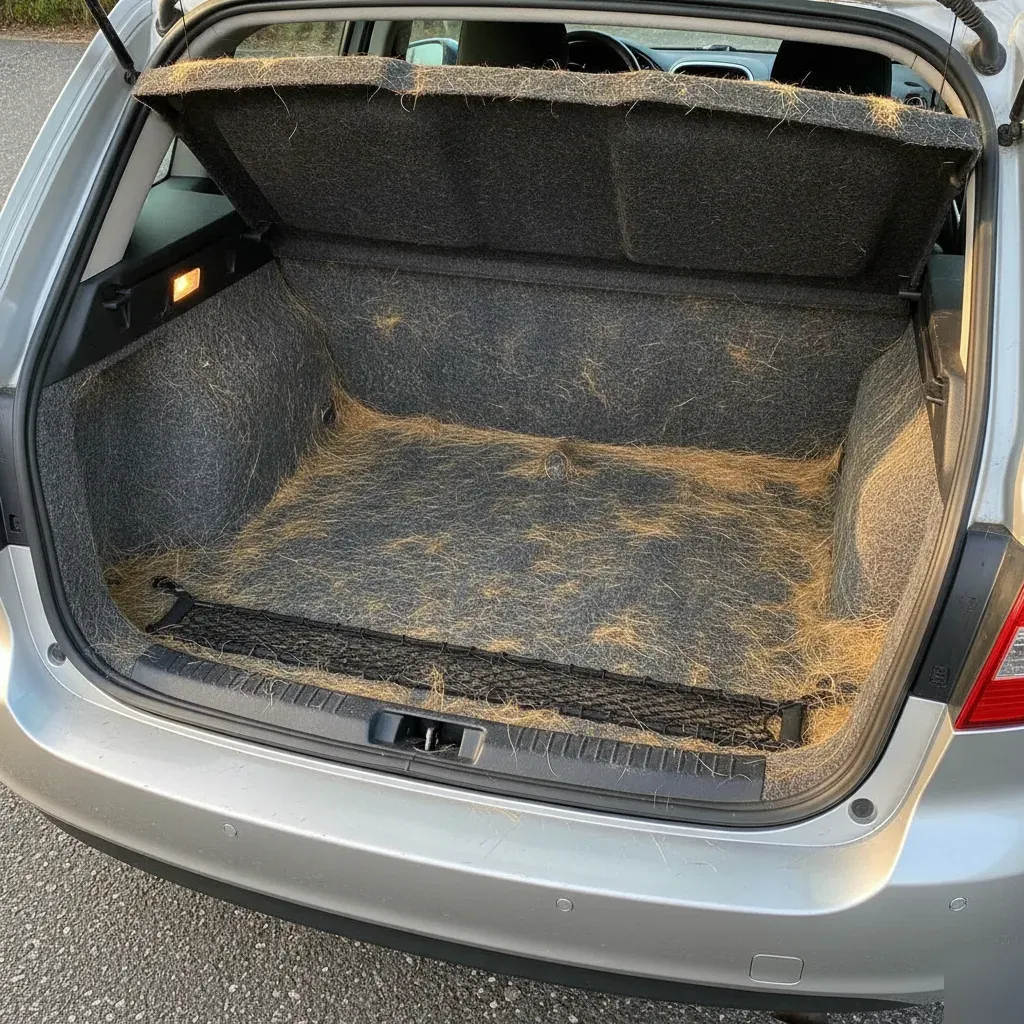 Dog hair embedded in car trunk carpet before deep pet hair vacuuming Fort Worth