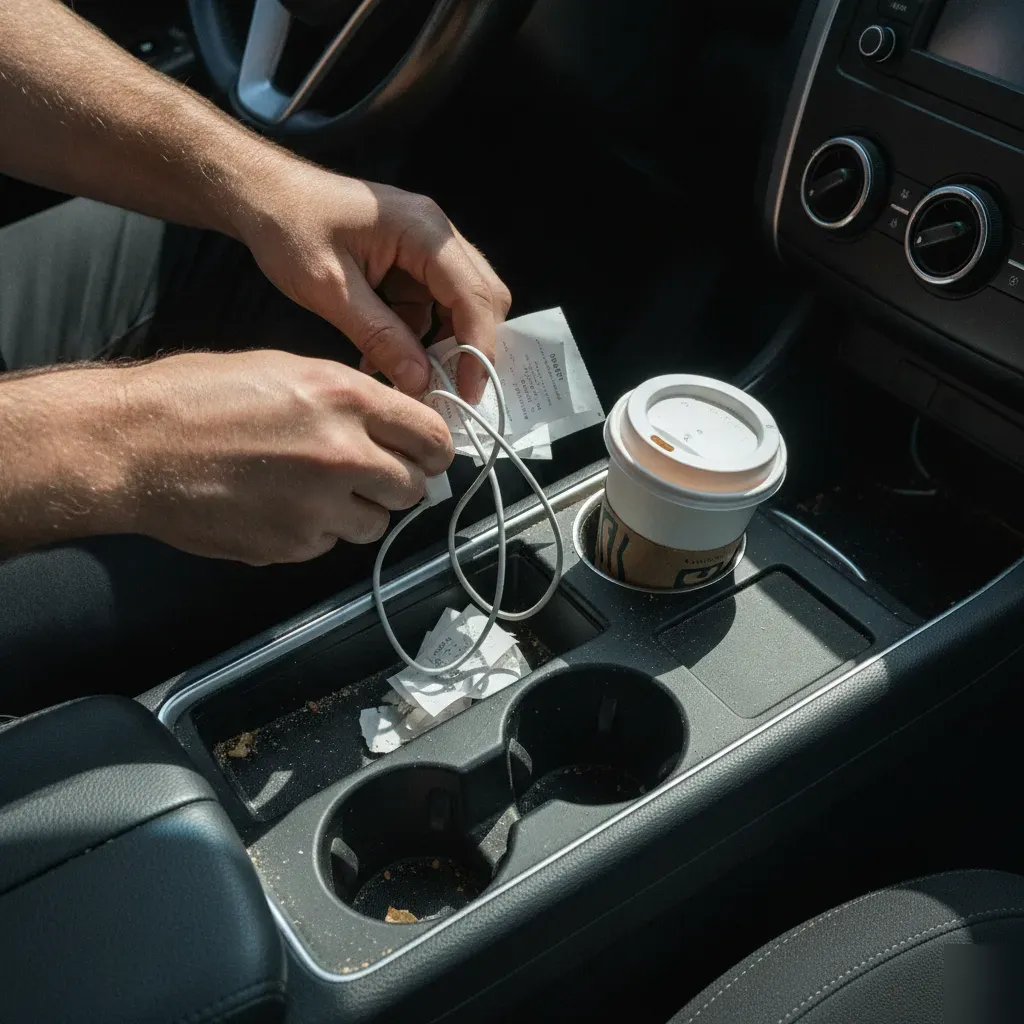 Owner clearing car console clutter before vacuuming service appointment in Fort Worth
