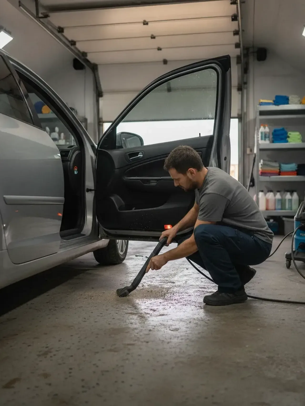 Detailer vacuuming car seat seams during auto interior vacuuming service in Irving