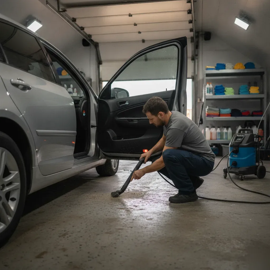 Detailer vacuuming car seat seams during auto interior vacuuming service in Irving