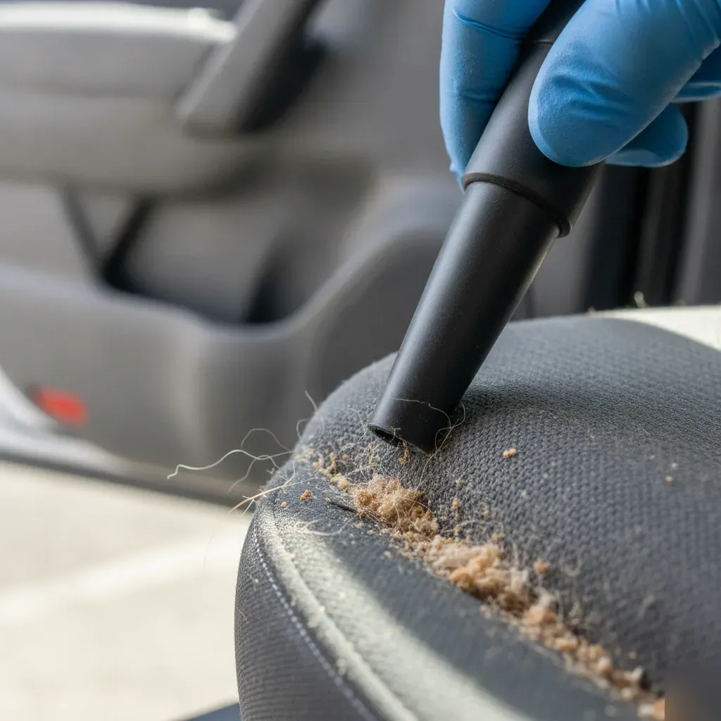Close-up of crumbs and pet hair in car seat seam before vacuuming in Irving