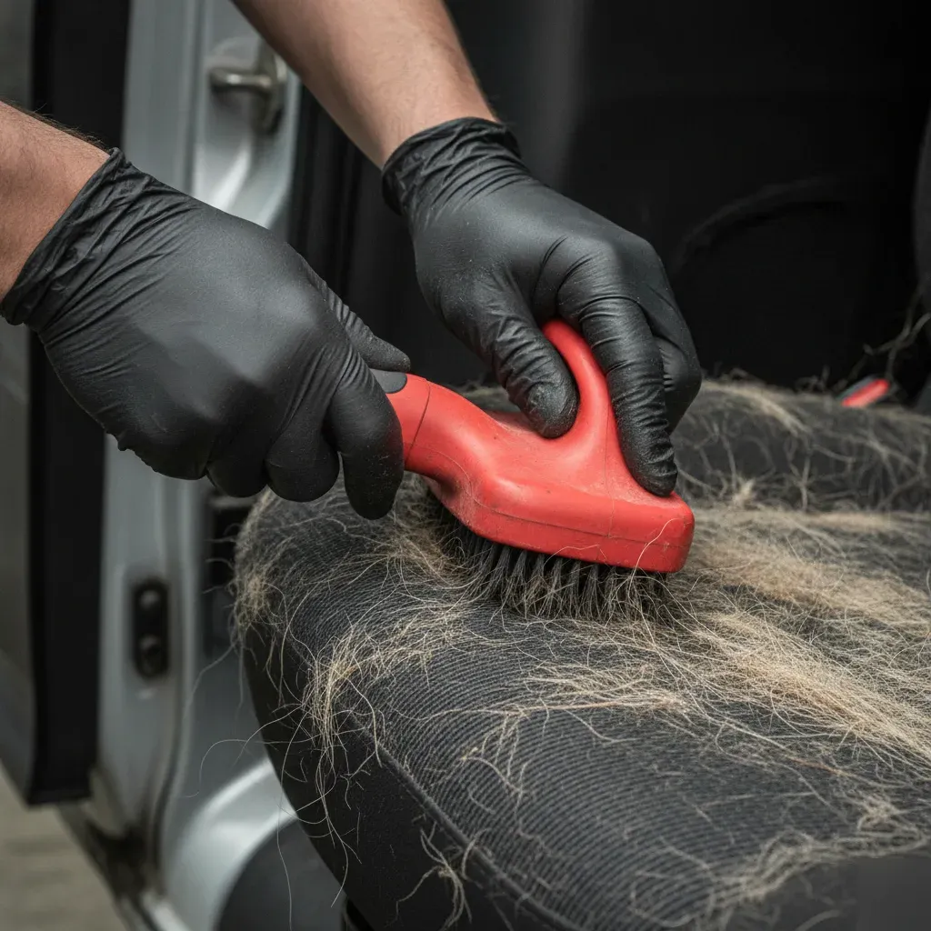 Detailer removing embedded pet hair from car seat fabric using rubber bristle tool