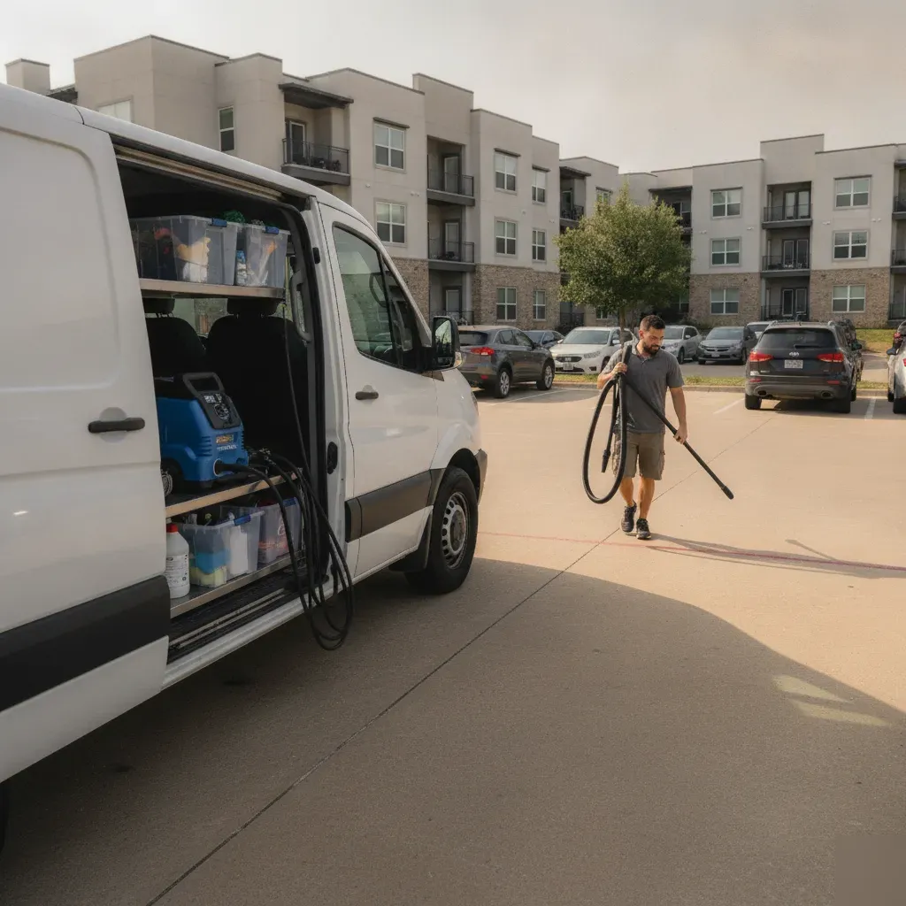 Mobile detailing van at Irving apartment complex offering on-site interior vacuuming