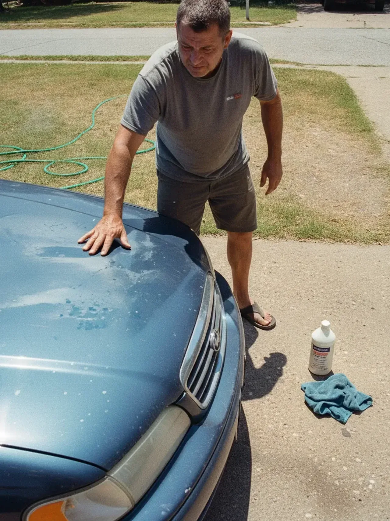 Irving car owner inspecting faded, sun-damaged paint before choosing the best car wax