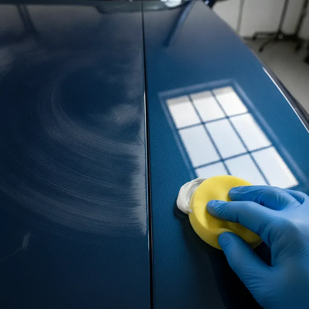 Close-up comparing oxidized and waxed car paint to explain best car wax results in Irving