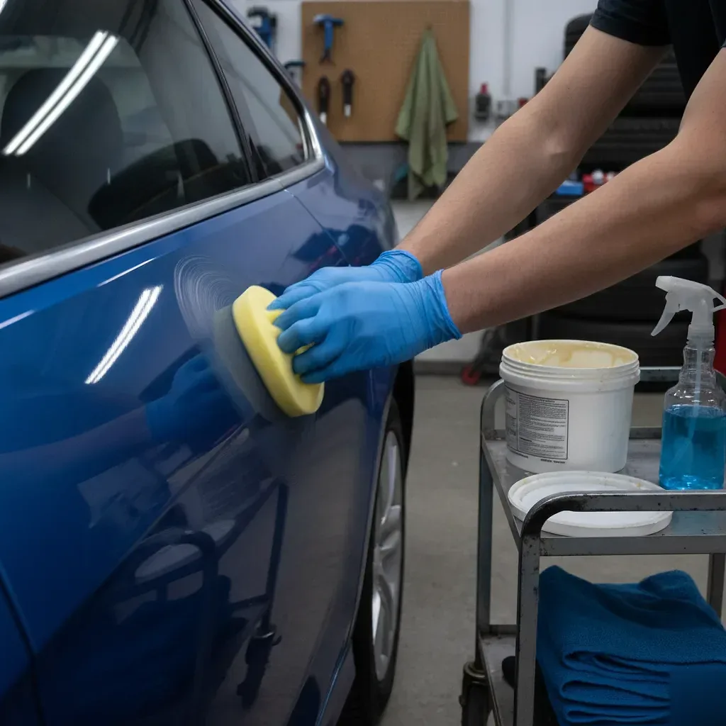 Detailer applying car wax by hand in an Irving garage to restore paint shine