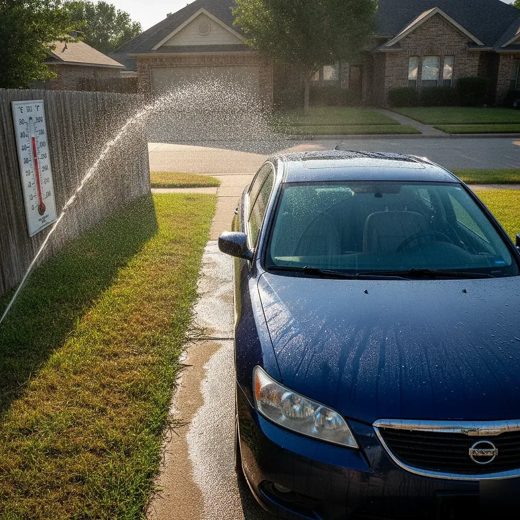 Car in Irving heat showing how wax protection holds up against Texas summer sun