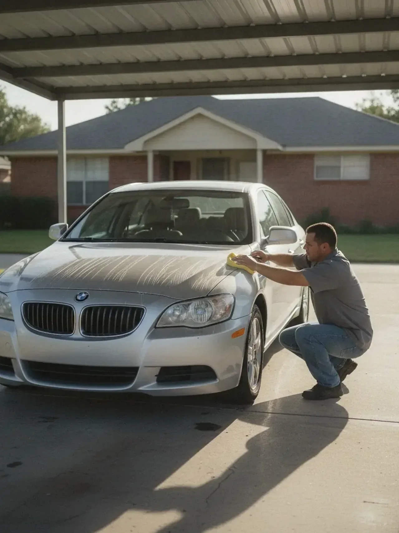 Detailer applying car wax by hand to sedan hood in Fort Worth driveway
