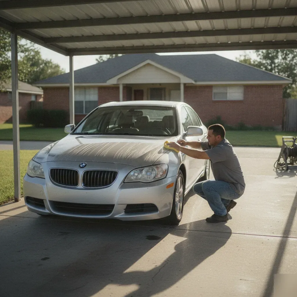 Detailer applying car wax by hand to sedan hood in Fort Worth driveway