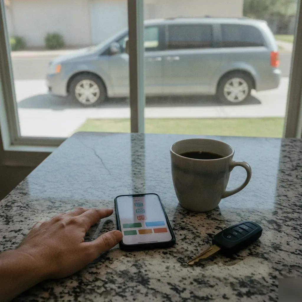 Homeowner scheduling car wax appointment near window with faded minivan outside