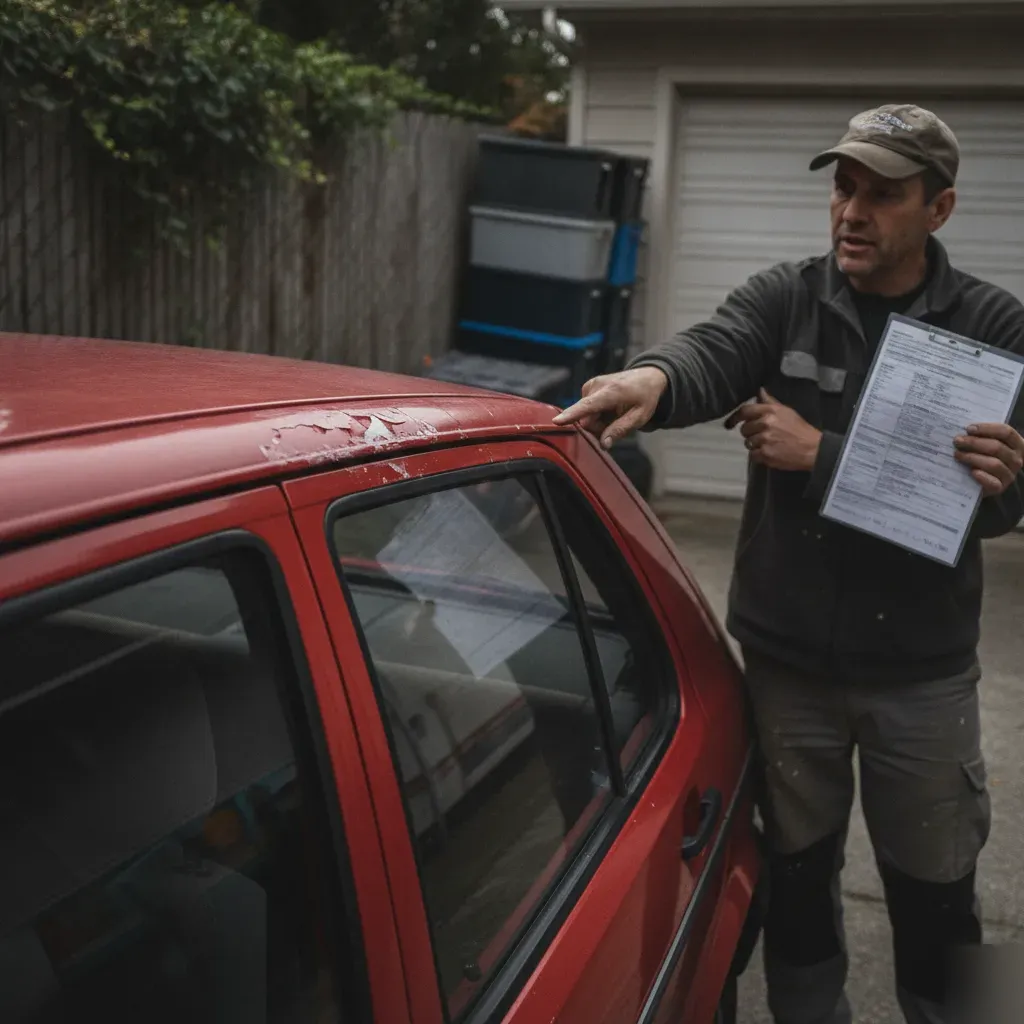 Detailer examining peeling clear coat on red hatchback roof in driveway