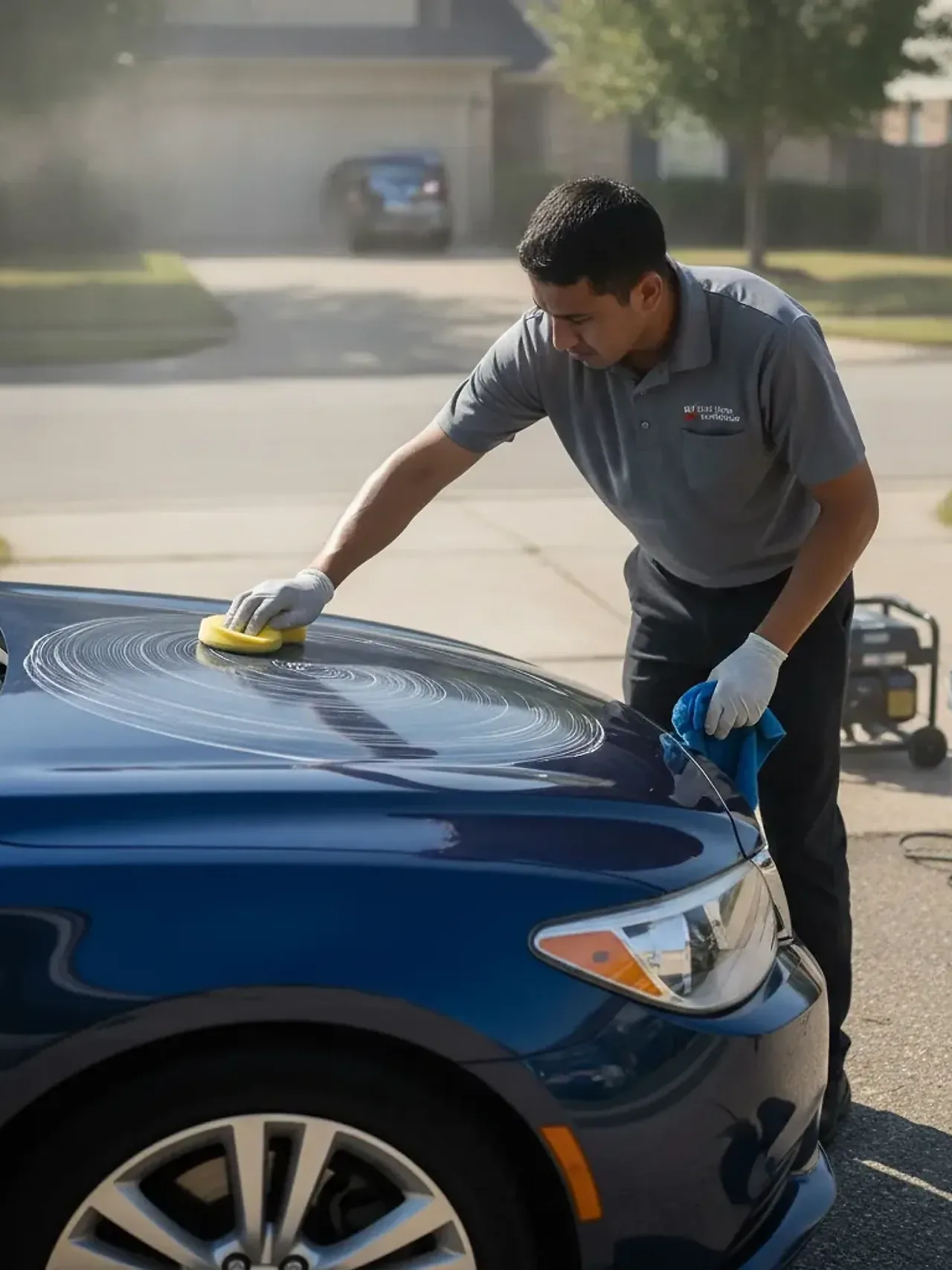Detailer applying car wax to dark blue sedan hood in Irving driveway
