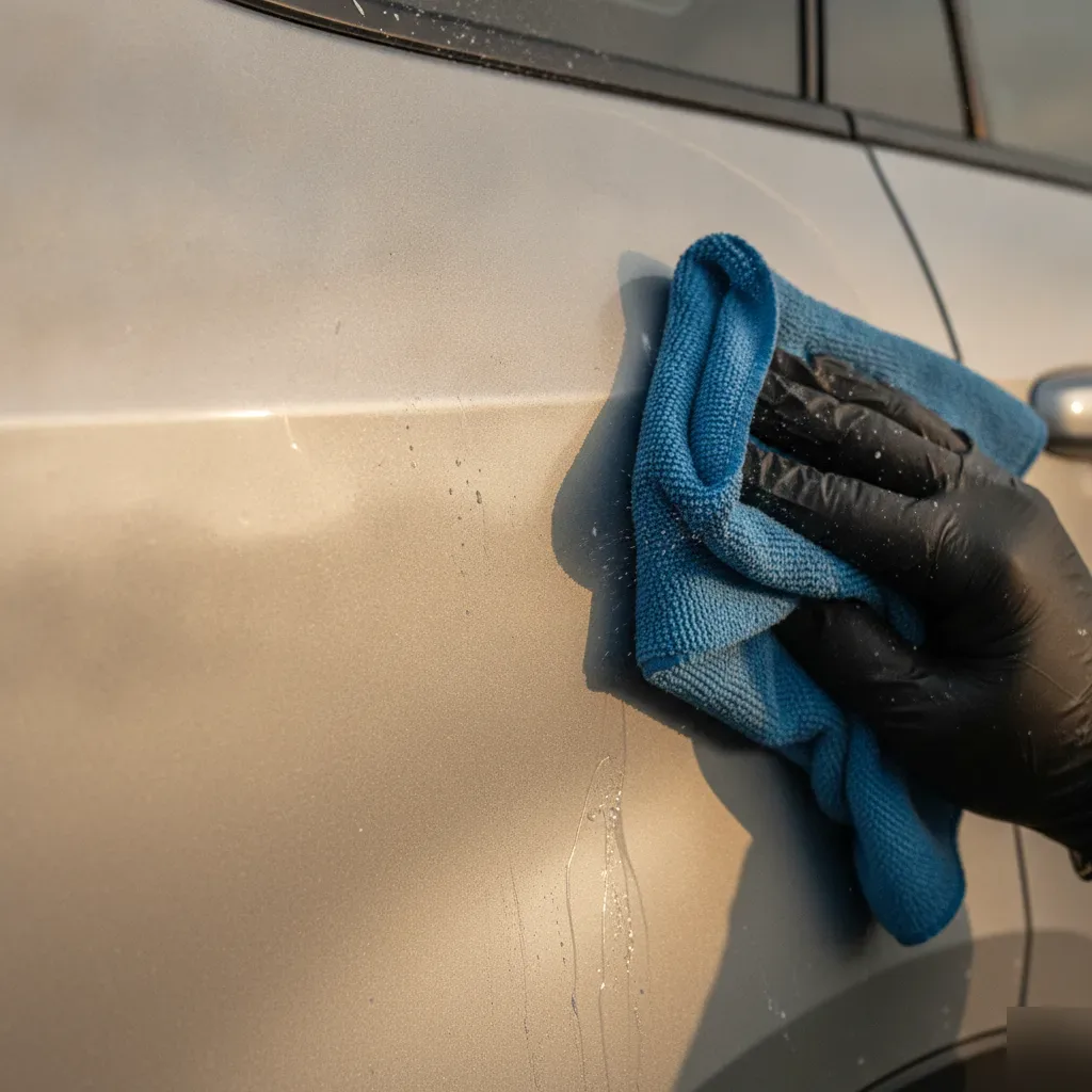 Close-up of gloved hand wiping wax onto silver SUV paint in Irving
