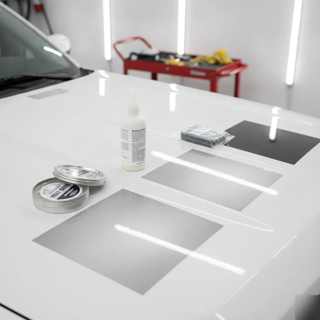 White truck hood showing wax, polish, ceramic coating test sections in Irving shop