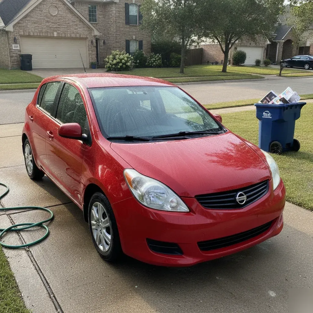 Glossy red car with beading water shows paint that skips waxing in Irving