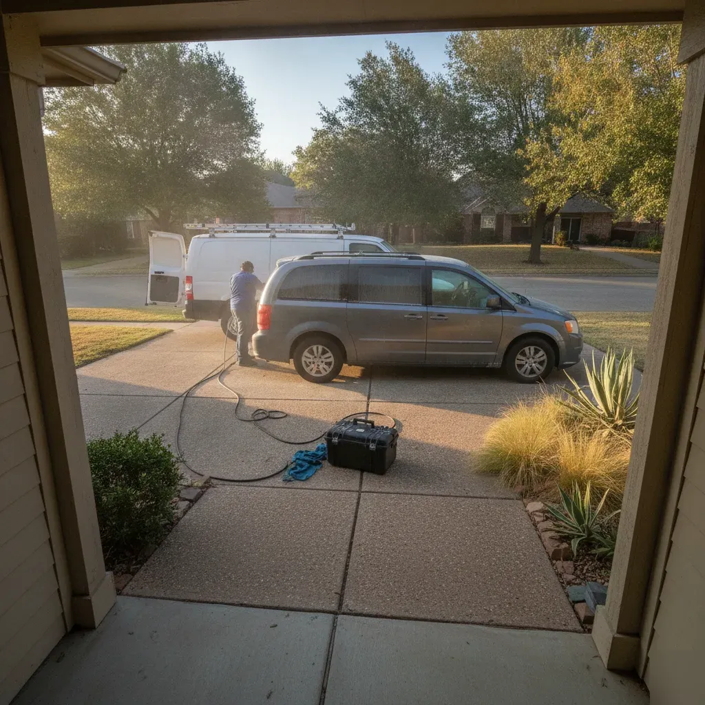 Mobile detailing van and equipment beside gray minivan during Irving home visit
