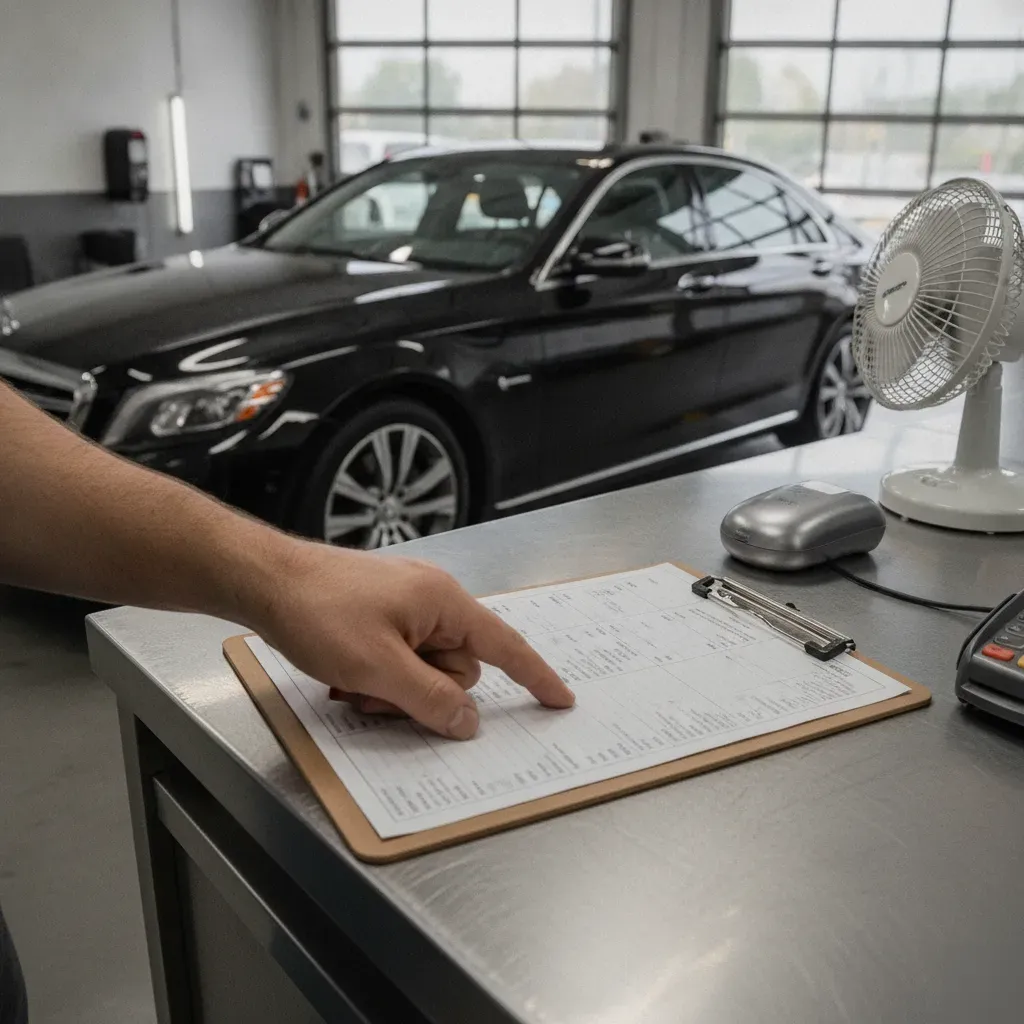 Customer reviewing car wax pricing sheet at Irving detailing shop counter
