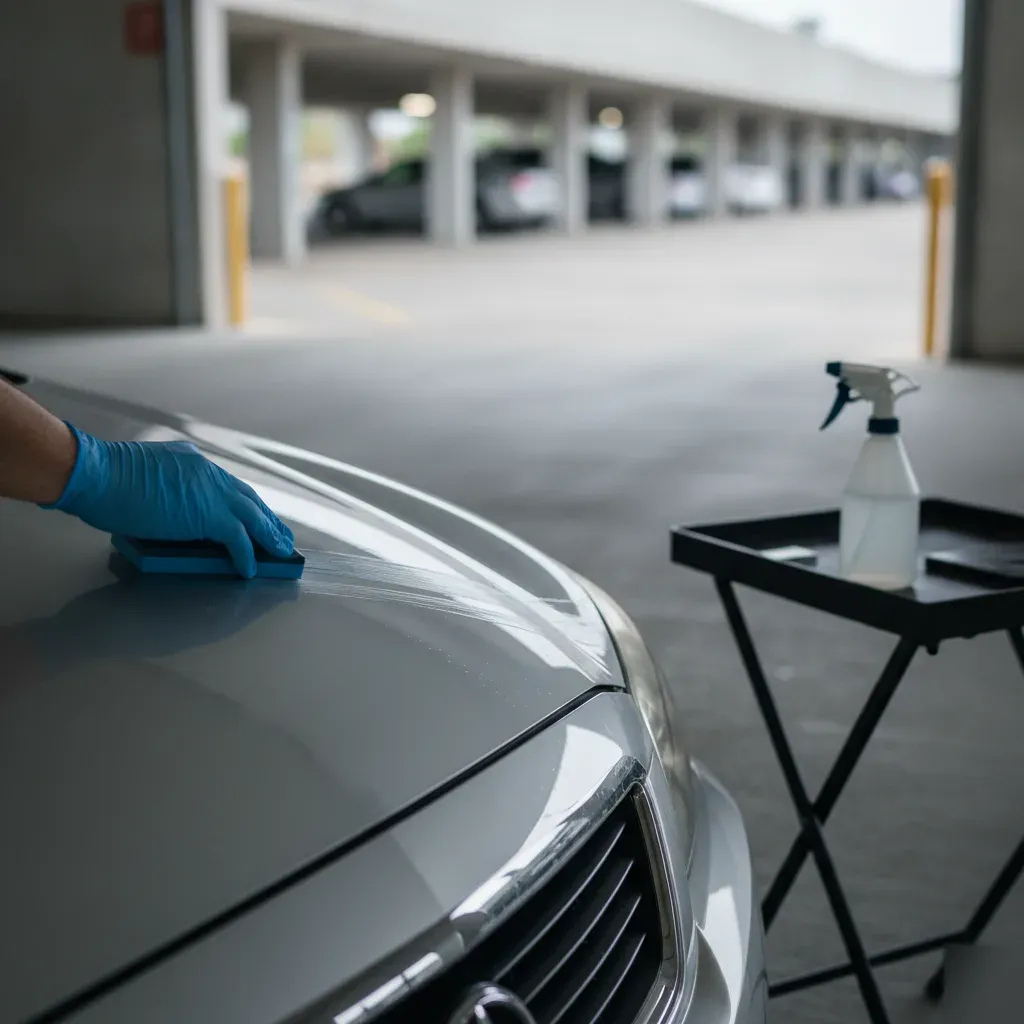 Clay bar treatment being applied to sedan hood in Irving parking garage