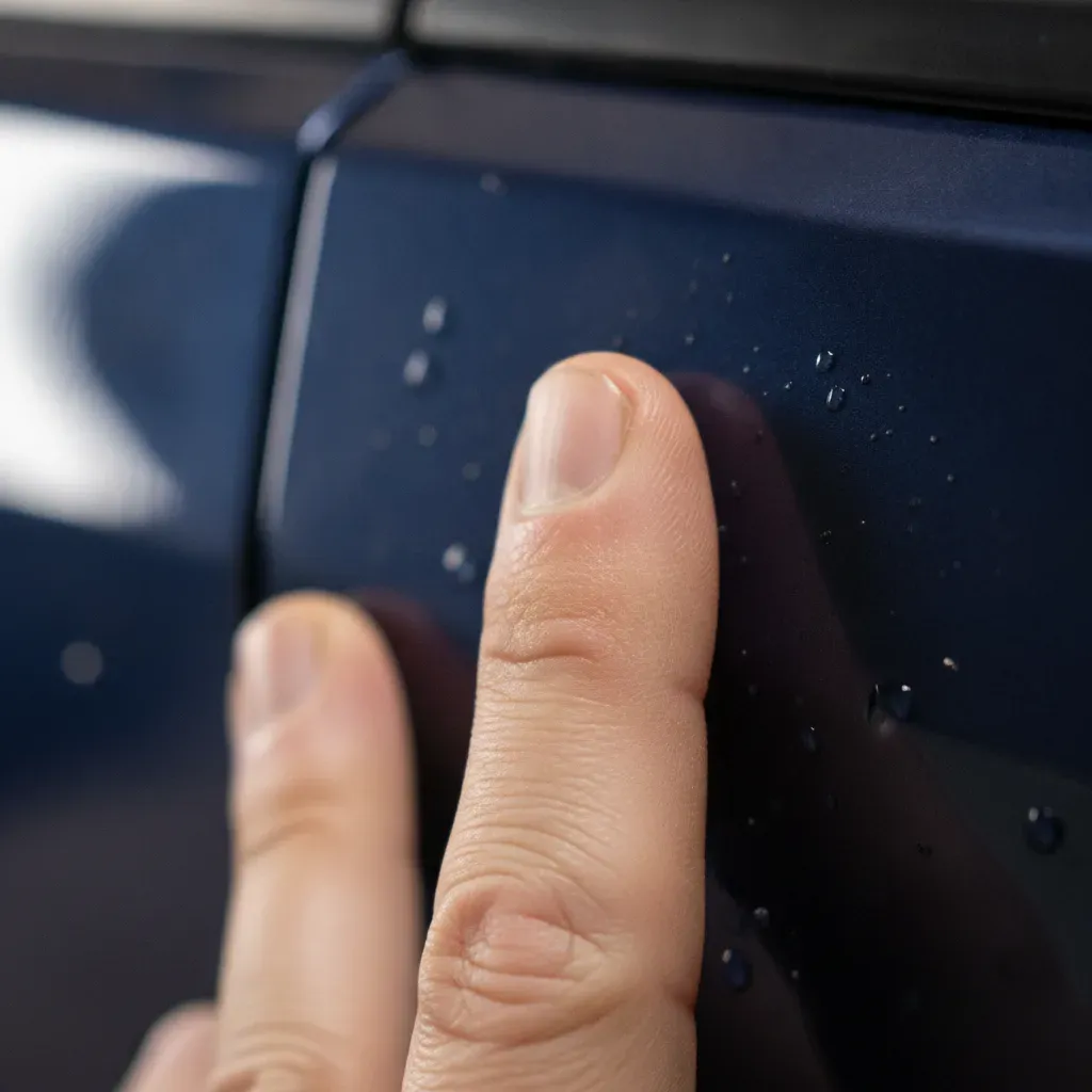 Fingers testing gritty car paint texture before clay bar treatment Irving