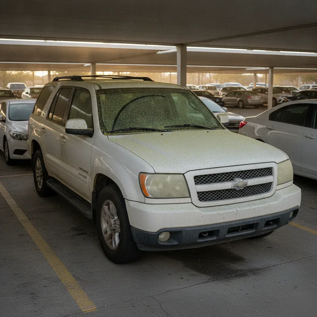 Dusty SUV in Irving office parking structure showing contaminant buildup