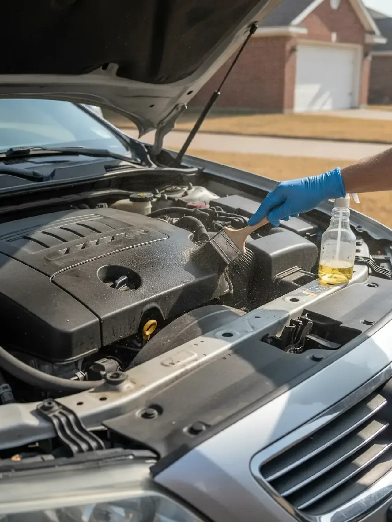 Technician brushing dust and grease from engine bay during mobile detail in Fort Worth