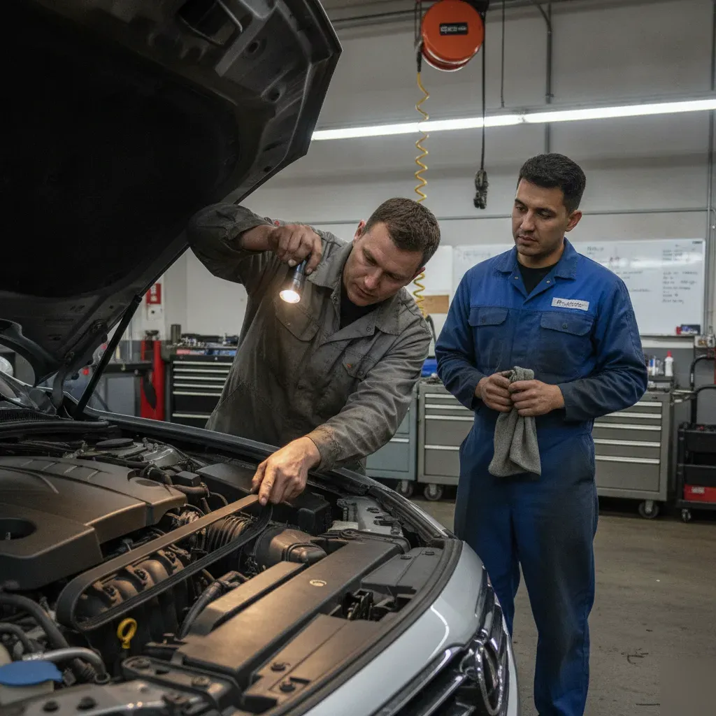 Mechanic inspecting cracked belt showing detailing limits at Fort Worth repair shop