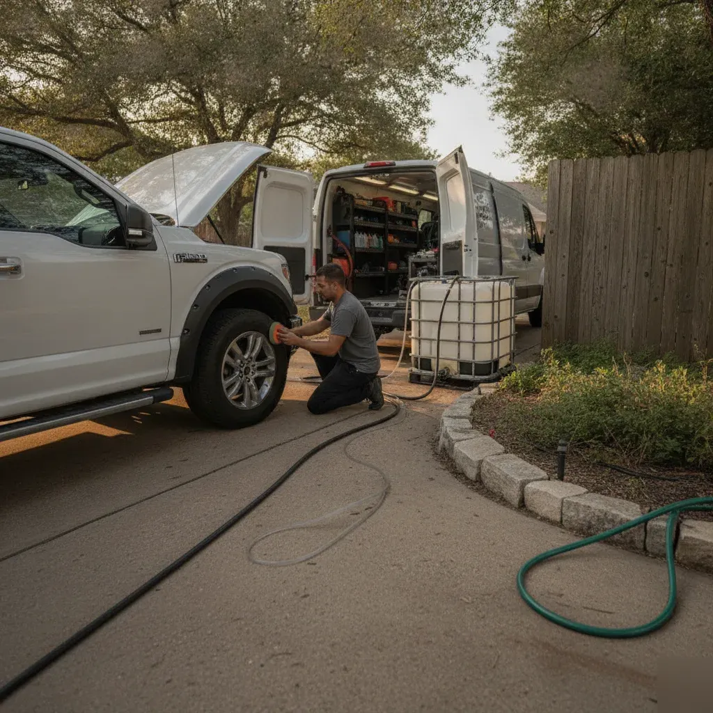 Mobile detailing van and technician servicing truck engine in Fort Worth driveway