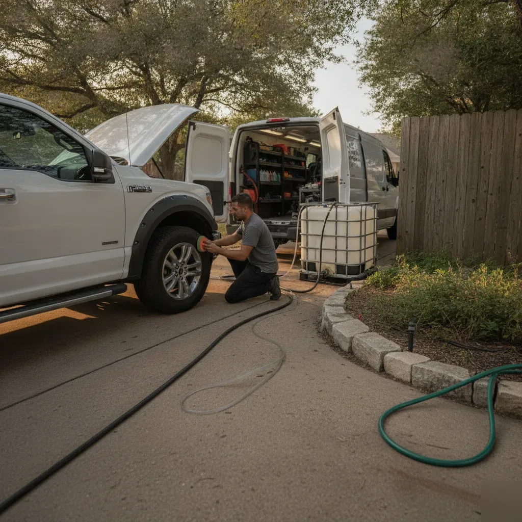 Mobile detailing van and technician servicing truck engine in Fort Worth driveway