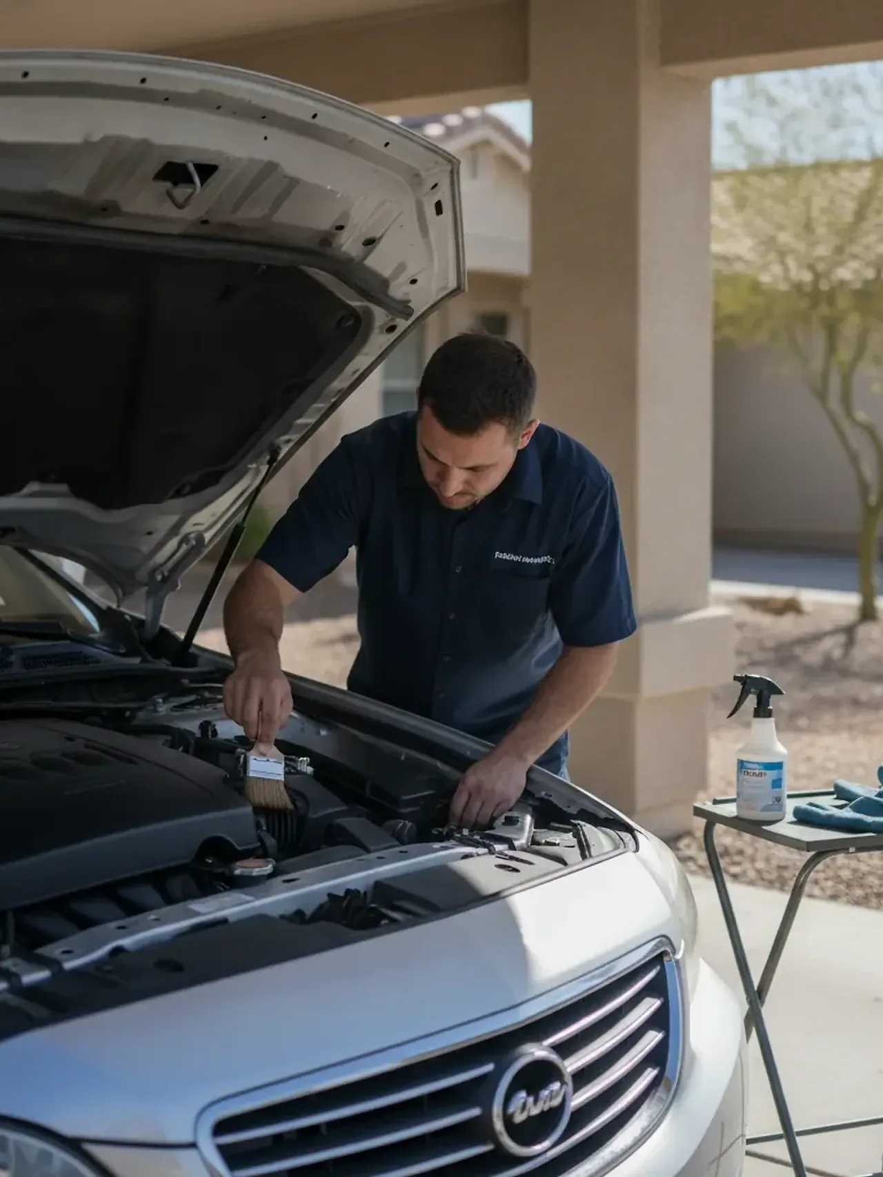 Detailer cleaning engine bay of sedan in Irving driveway with brush and degreaser