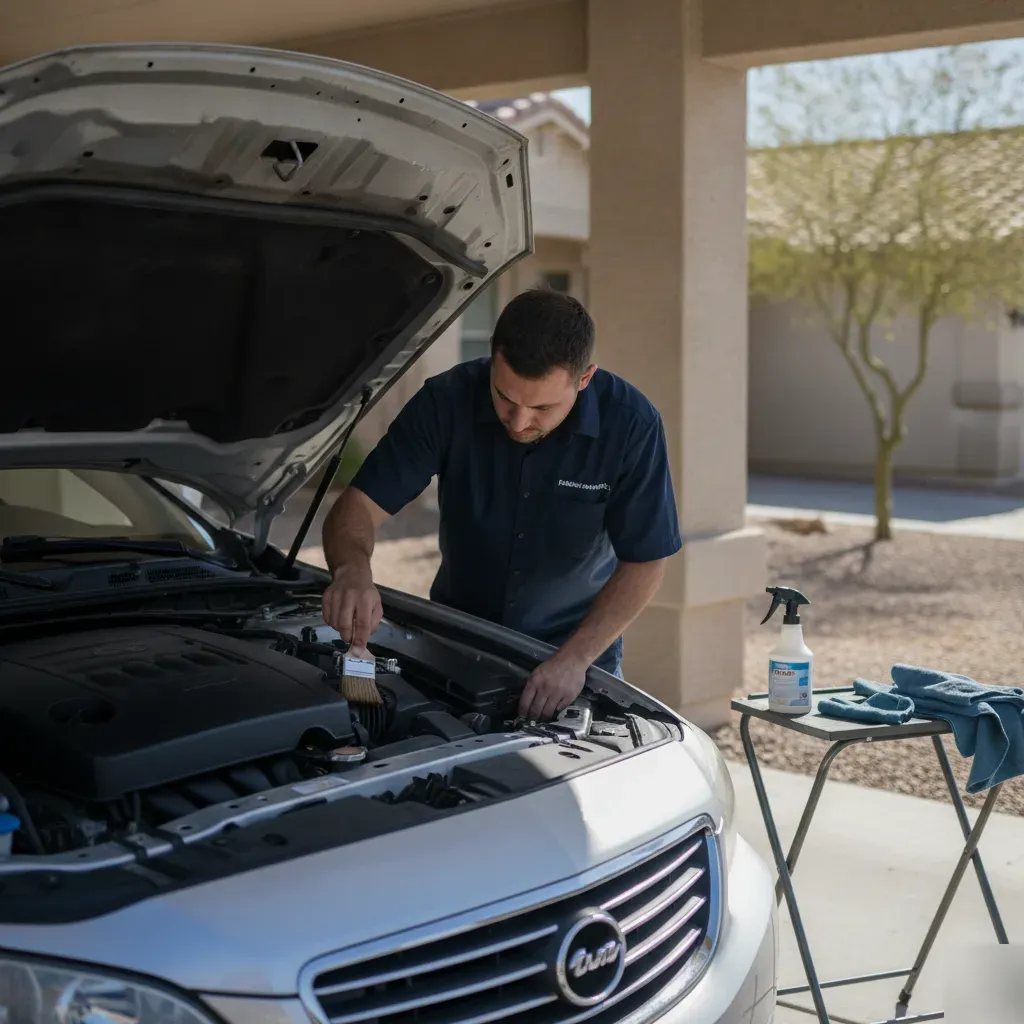 Detailer cleaning engine bay of sedan in Irving driveway with brush and degreaser