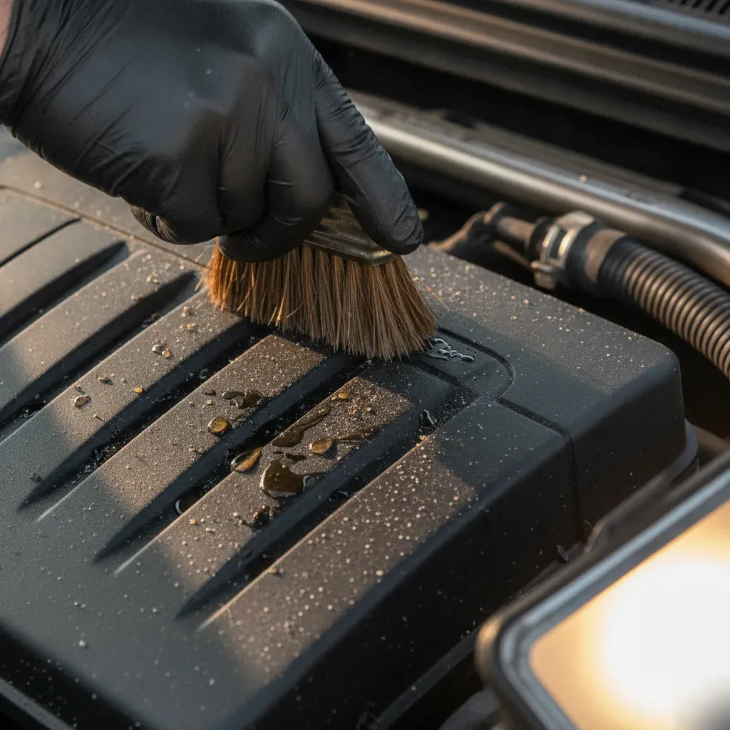 Close-up of brush scrubbing greasy engine cover during Irving engine detailing service