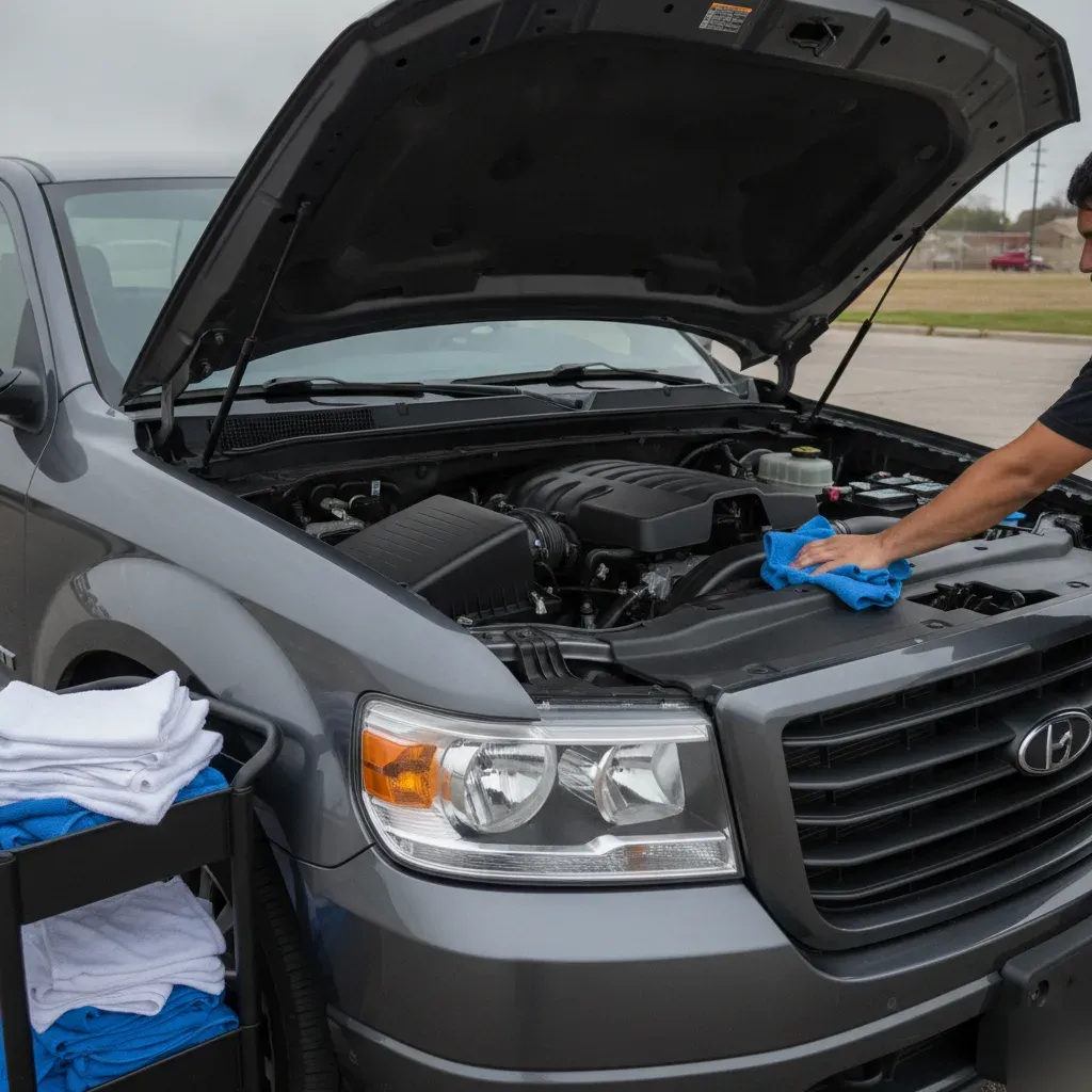 Clean pickup truck engine bay after professional engine detailing in Irving