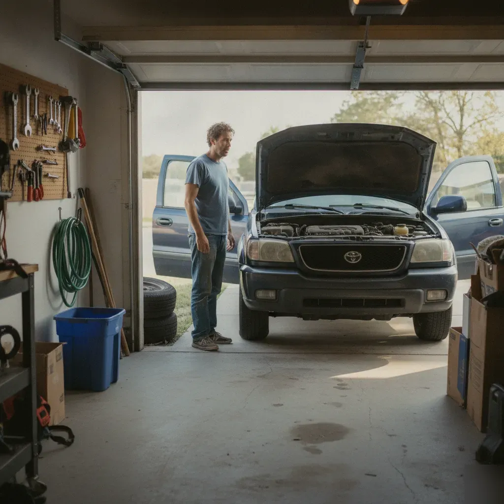 Homeowner noticing dusty engine bay before booking Irving engine detailing service