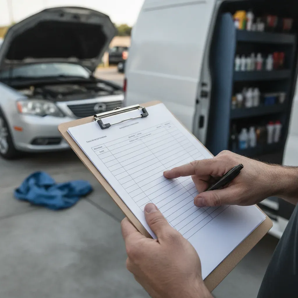 Detailer reviewing pricing sheet before starting Irving engine detailing job