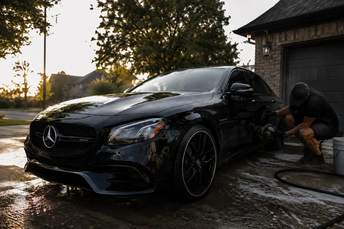 Mobile car detailing van and sedan in a Fort Worth driveway during a full service