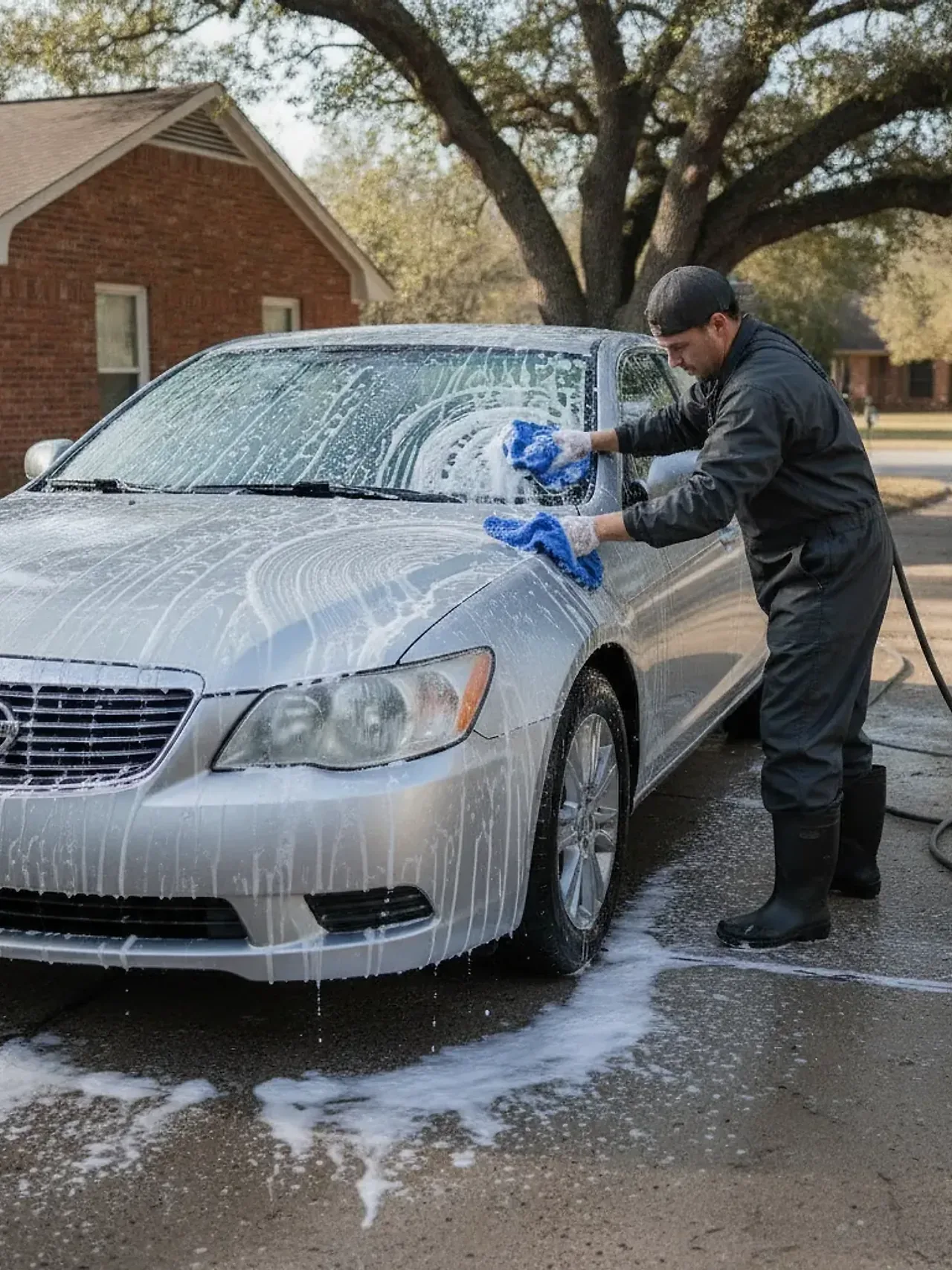 Detailer hand washing a sedan with soap suds during full body wash in Fort Worth driveway