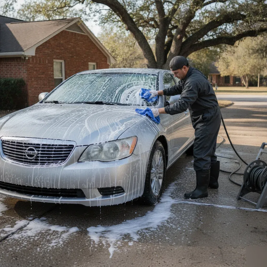 Detailer hand washing a sedan with soap suds during full body wash in Fort Worth driveway