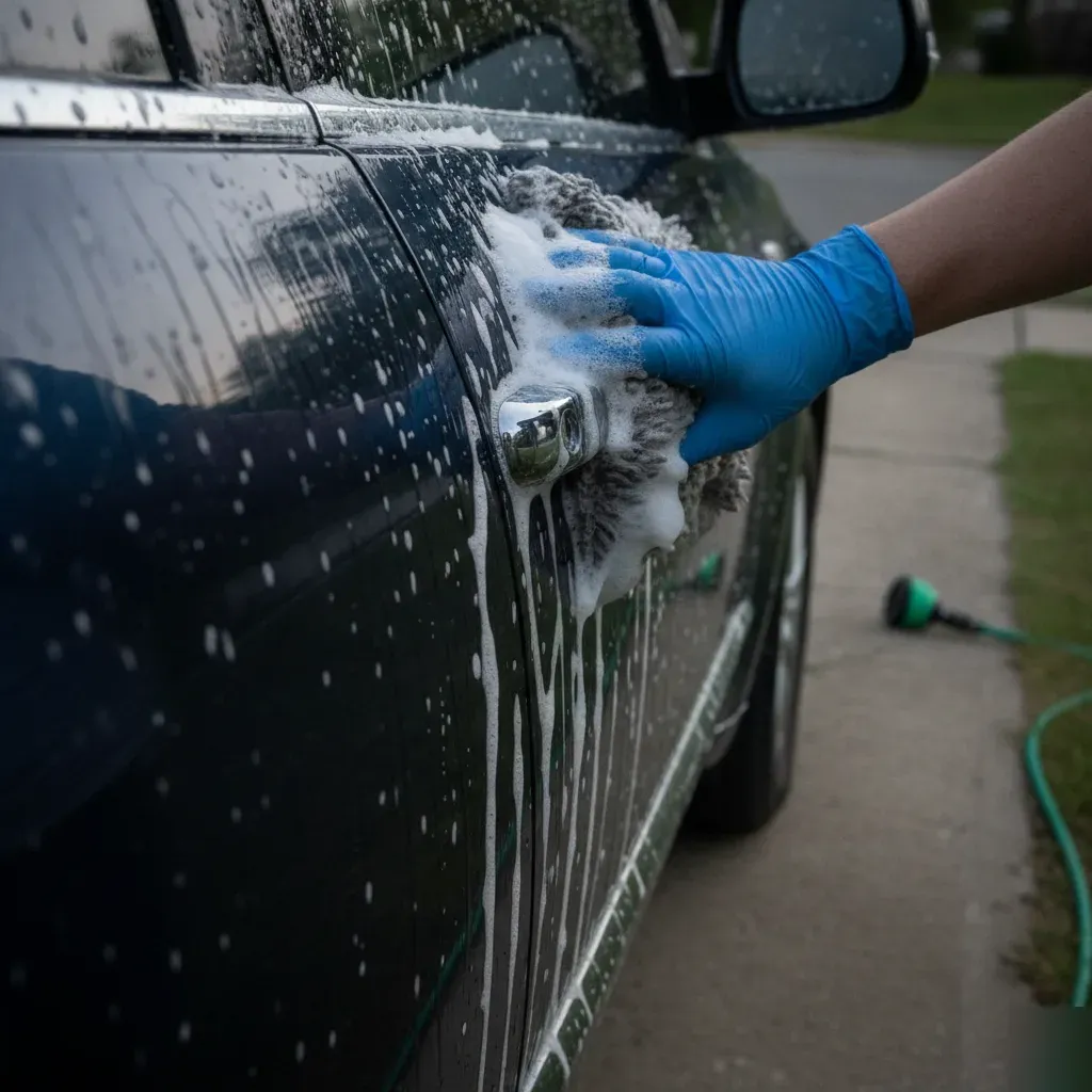 Close-up of foam wash mitt cleaning SUV door panel in Fort Worth full body wash